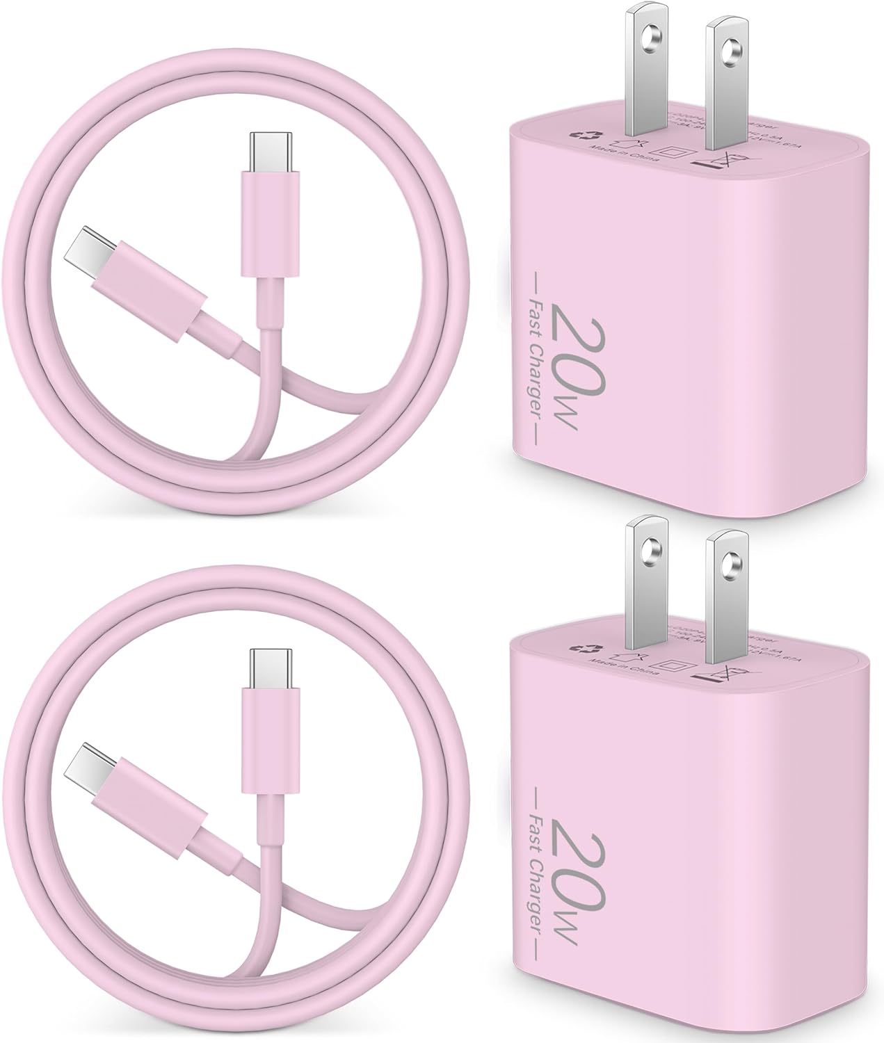 20W USB C Fast Charger for iPhone 15/15 Plus/Pro Max, Google Pixel 8/7/6/5/4XL, iPad Pro 12.9/11 inch, iPad Air 5th/4th, iPad Mini 6/10th, 2Pack USB C Wall Charger Block + 3FT USB C Cable, Pink