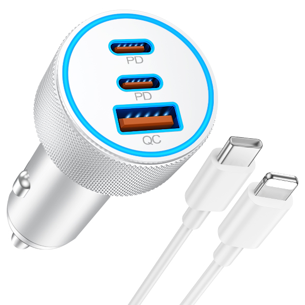 [MFi Certified] iPhone Fast Car Charger, 3-Port 67W USB C Car Charger Super Fast Charging Cigarette Lighter Adapter with 3FT USB-C to Lightning Cable for iPhone 14/13/12/11/Pro Max/XS/XR/X/SE, iPad