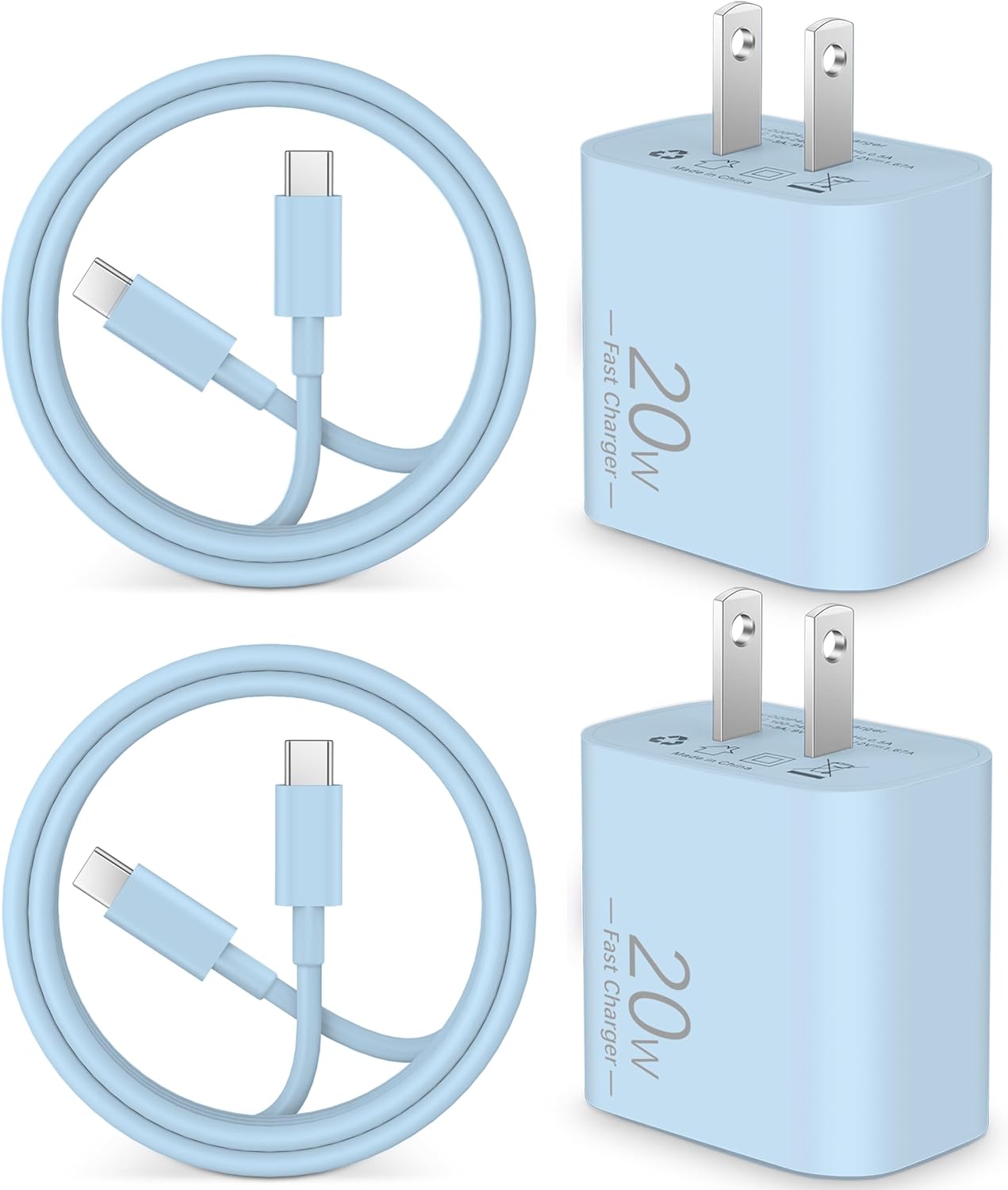 20W USB C Fast Charger for iPhone 15/15 Plus/Pro Max, Google Pixel 8/7/6/5/4XL, iPad Pro 12.9/11 inch, iPad Air 5th/4th, iPad Mini 6/10th, 2Pack USB C Wall Charger Block + 3FT USB C Cable, Blue