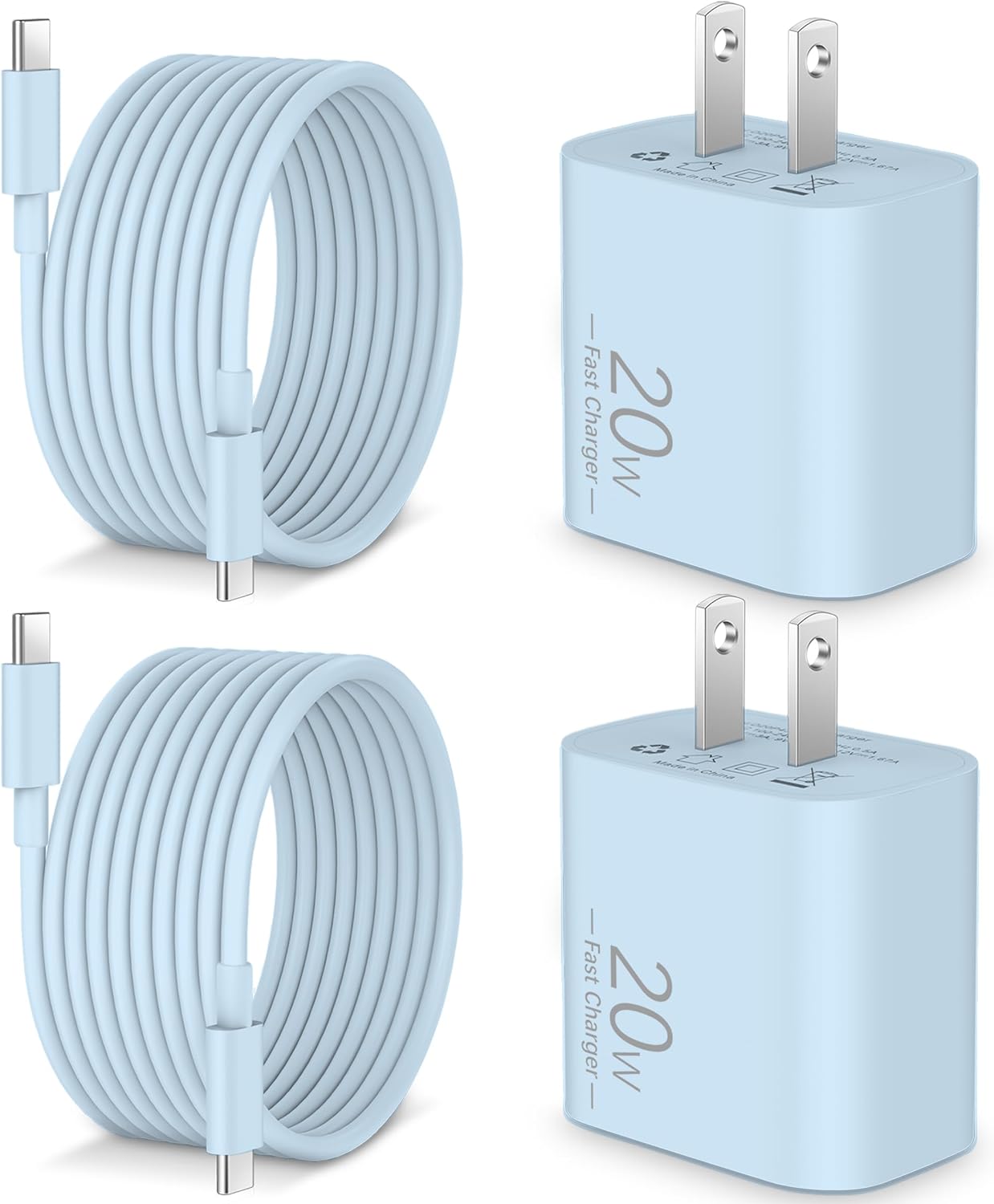 USB C Fast Charger for iPhone 15/15 Pro Max/Plus, iPad Pro 12.9/11 inch, iPad Air 5th/4th, iPad 10th, Google Pixel 8/7/6/5/4, 2Pack PD 20W USB C Charging Block with 10FT Long USB C to C Cable, Blue