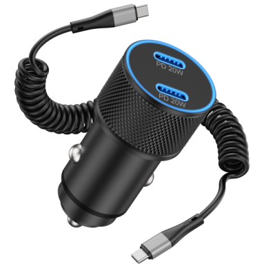 USB C Car Charger and Coiled USB-C Cable 6FT for iPhone 15/15 Pro Max, Samsung Galaxy S24 S23 S22 S21 Ultra Plus, Note, Google Pixel 8/7/6, Android, 40W Dual Port PD Fast Charging Car Power Adapter