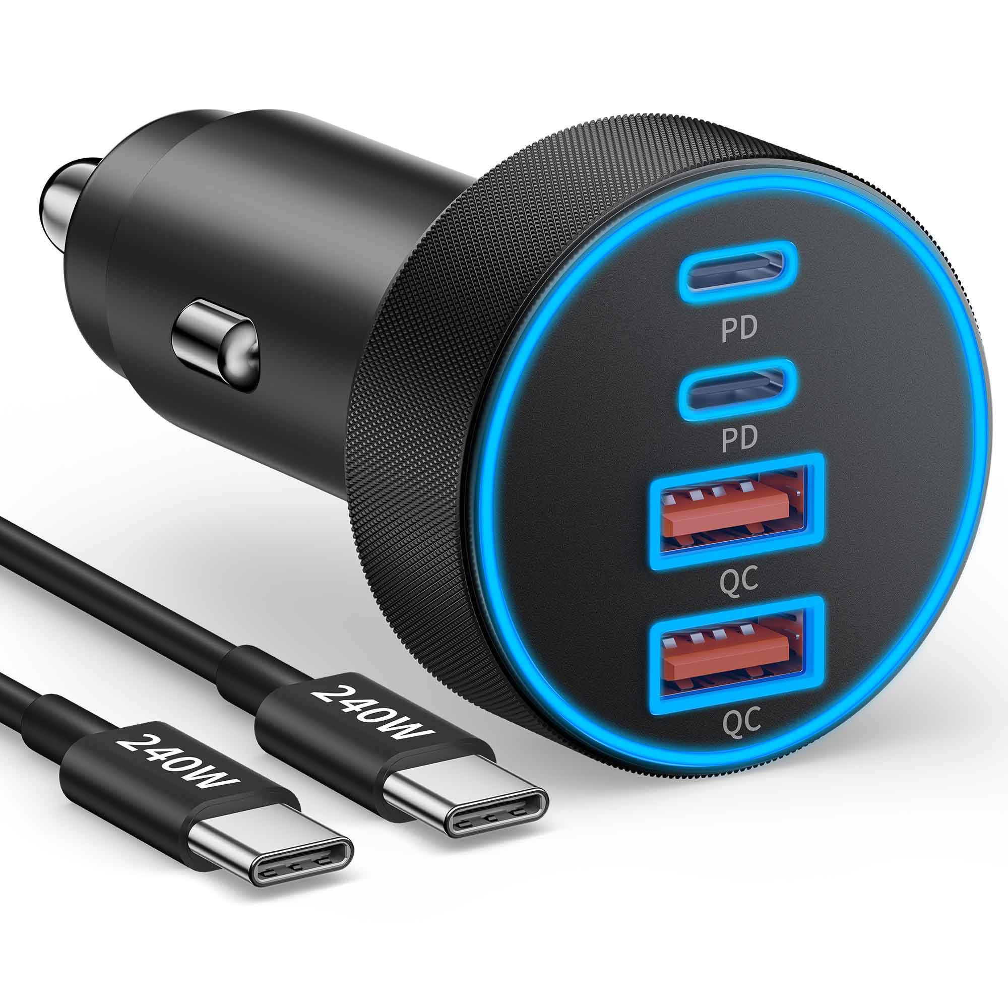 USB C Car Charger, 90W 4-Port Super Fast Charging Car Charger Adapter Dual USB-C & USB-A Cigarette Lighter with 240W Type C to C Cable Cord for Samsung Galaxy S25/S24/S23/S22/S21 Ultra, Android Phone